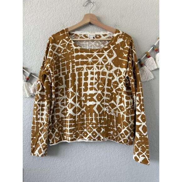 Garnet Hill Silk Blend Batik Fine Knit Mustard Geometric Top Artsy Coastal S - Picture 1 of 8